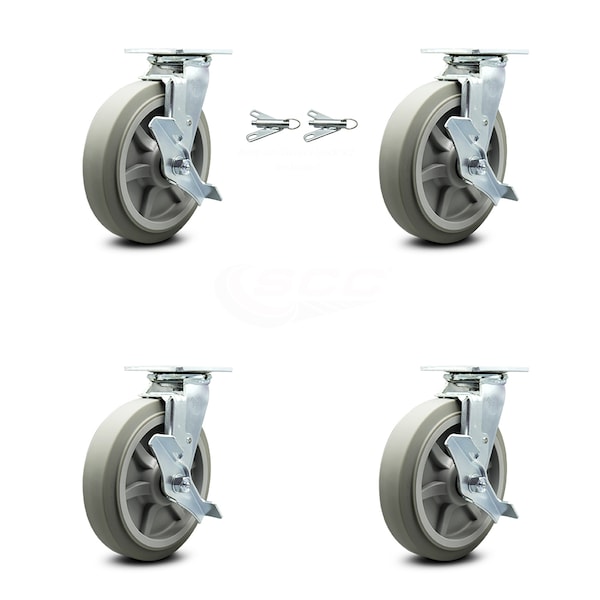 Service Caster 8 Inch Thermoplastic Rubber Caster Set with Roller Bearing 4 Brake 2 Swivel Lock SCC-30CS820-TPRRF-TLB-BSL-2-TLB-2 - main